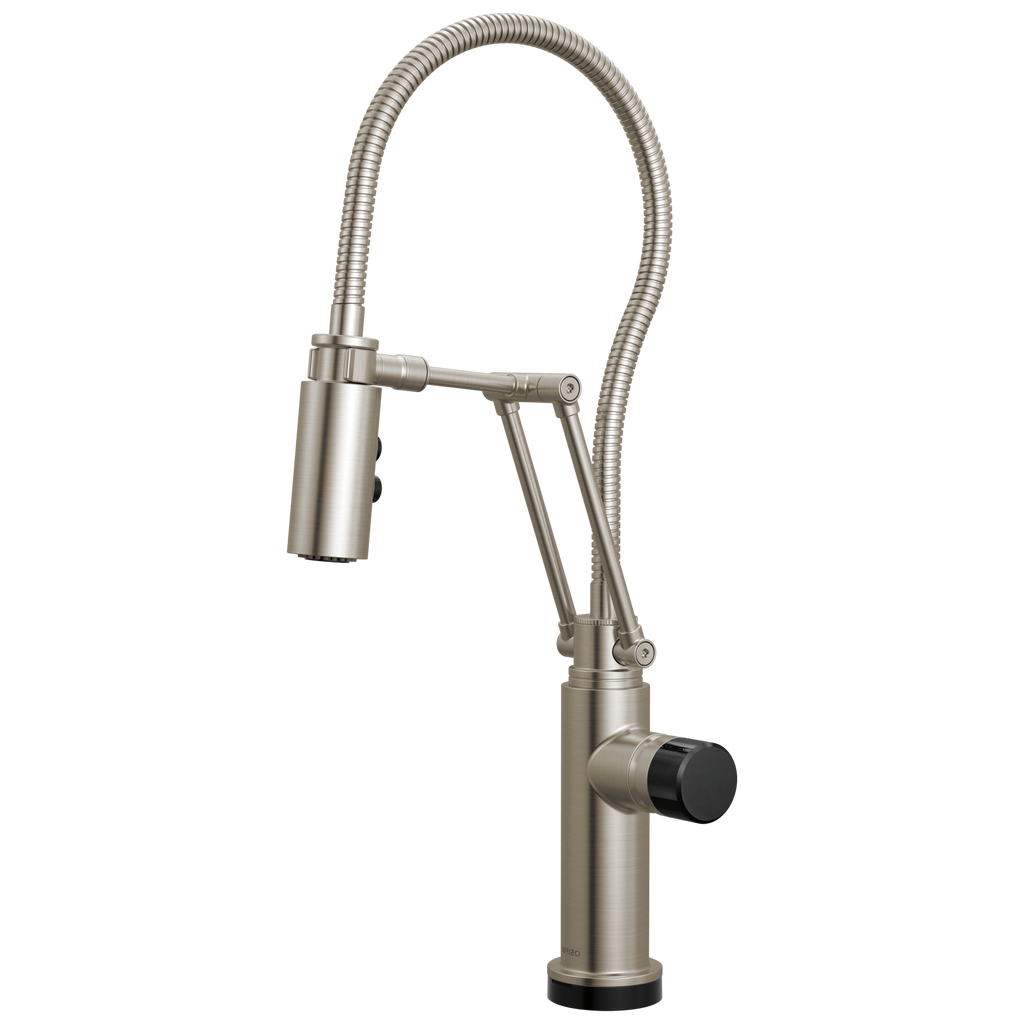 Brizo Odin Mezcladora Articulante SmartTouch® con Manguera Integrada — Acero Inoxidable — Perilla con Cristal Negro