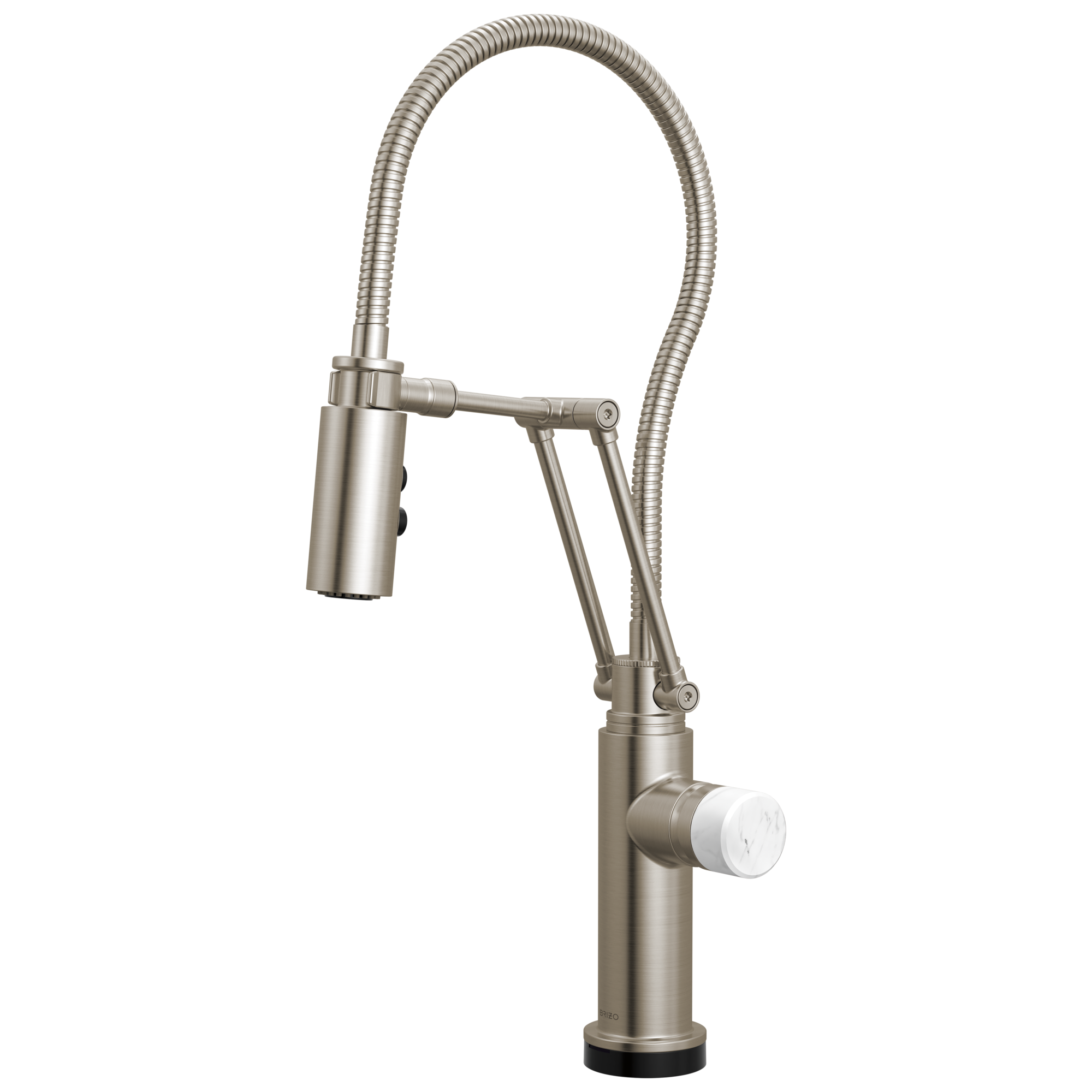 Brizo Odin Mezcladora Articulante SmartTouch® con Manguera Integrada — Acero Inoxidable — Perilla de Mármol Blanco