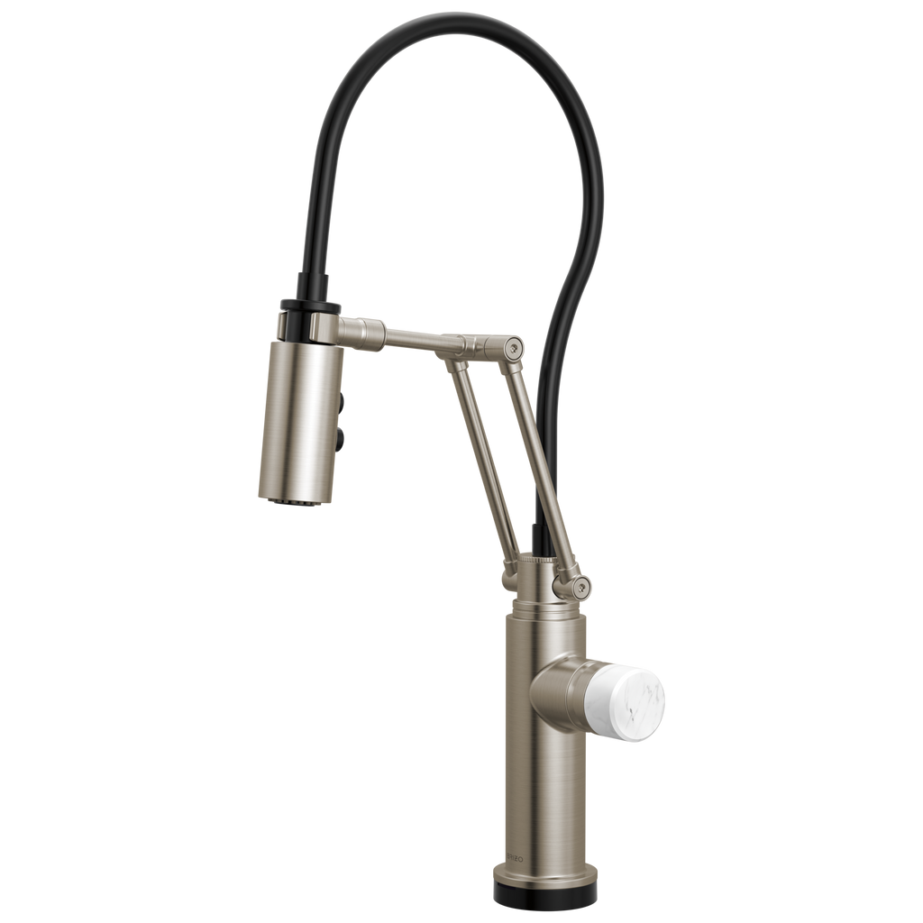 Brizo Odin Mezcladora Articulante SmartTouch® — Acero Inoxidable — Perilla de Mármol Blanco
