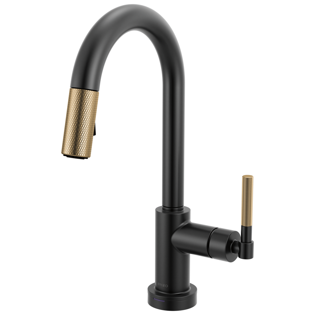 Brizo Litze Mezcladora Prep Extraíble SmartTouch® — Surtidor en Arco, Manija Knurled — Negro Mate/Oro Luxe