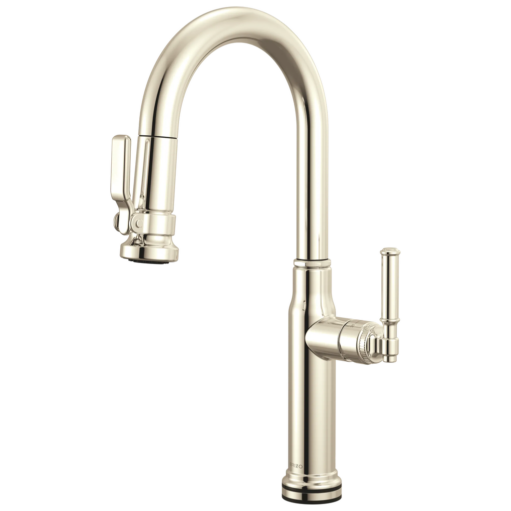 Brizo Faircroft Mezcladora Prep Extraíble SmartTouch® — Surtidor en Arco — Níquel Pulido — Manija Coin Edge