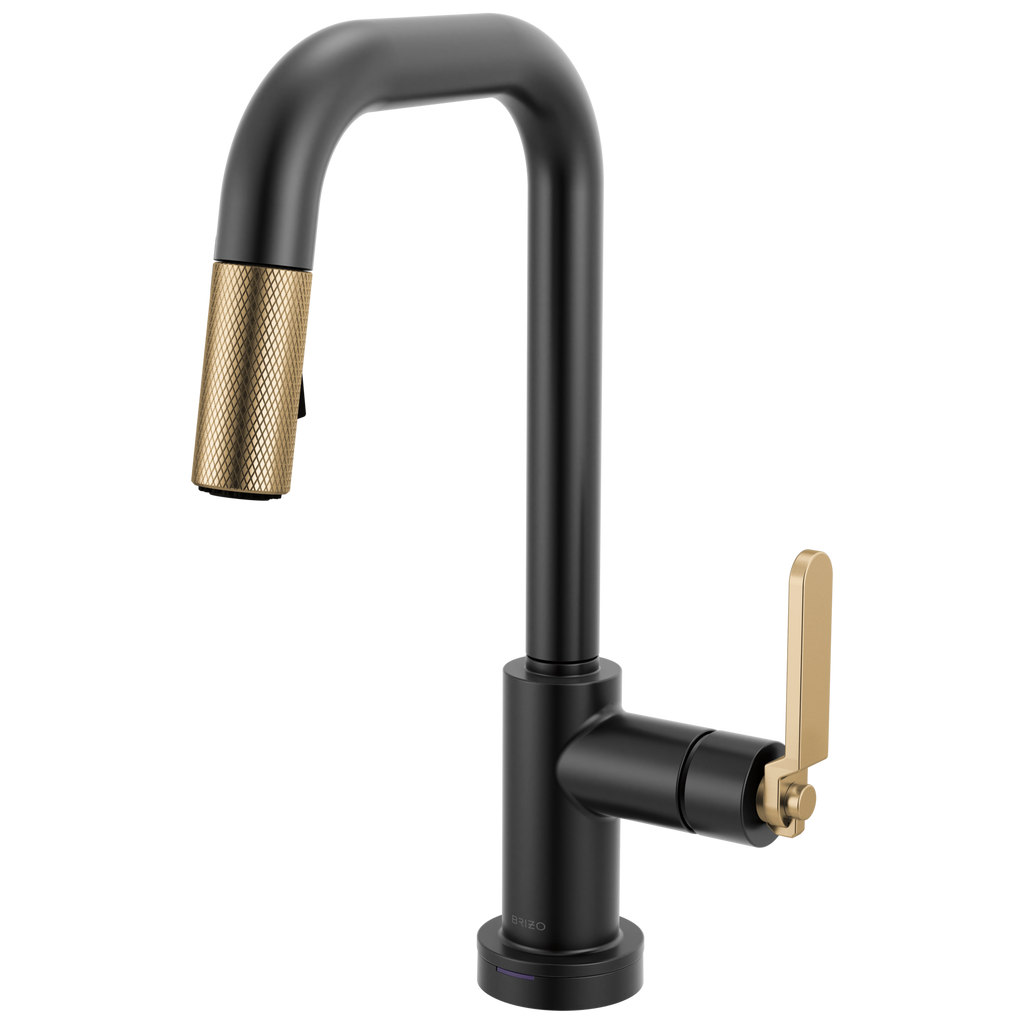 Brizo Litze Mezcladora Prep Extraíble SmartTouch® — Surtidor Cuadrado, Manija Industrial — Negro Mate/Oro Luxe