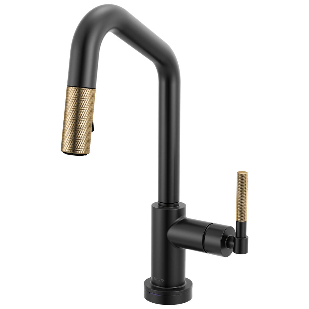 Brizo Litze Mezcladora Prep Extraíble SmartTouch® — Surtidor en Ángulo, Manija Knurled — Negro Mate/Oro Luxe