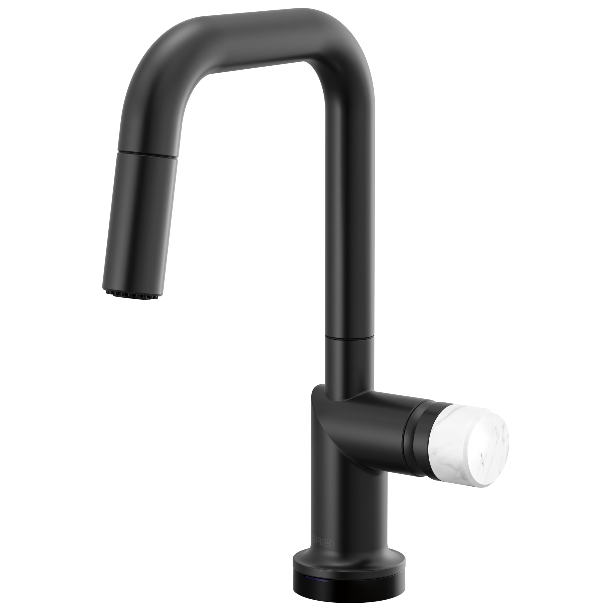 Brizo Odin Mezcladora Prep Extraíble SmartTouch® — Surtidor Cuadrado — Negro Mate — Perilla de Mármol Blanco