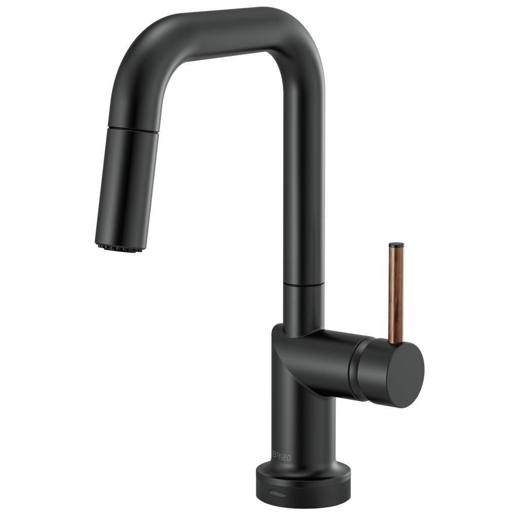 Brizo Odin Mezcladora Prep Extraíble SmartTouch® — Surtidor Cuadrado — Negro Mate — Manija de Madera