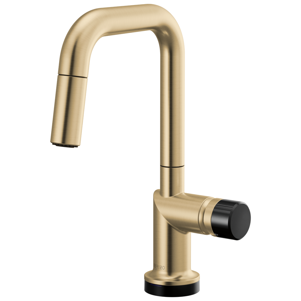 Brizo Odin Mezcladora Prep Extraíble SmartTouch® — Surtidor Cuadrado — Oro Luxe — Perilla con Cristal Negro