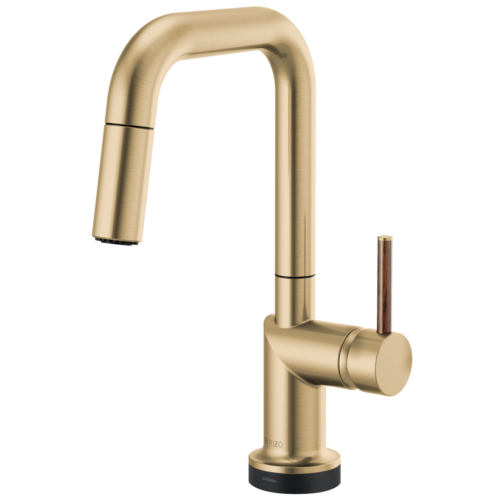 Brizo Odin Mezcladora Prep Extraíble SmartTouch® — Surtidor Cuadrado — Oro Luxe — Manija de Madera
