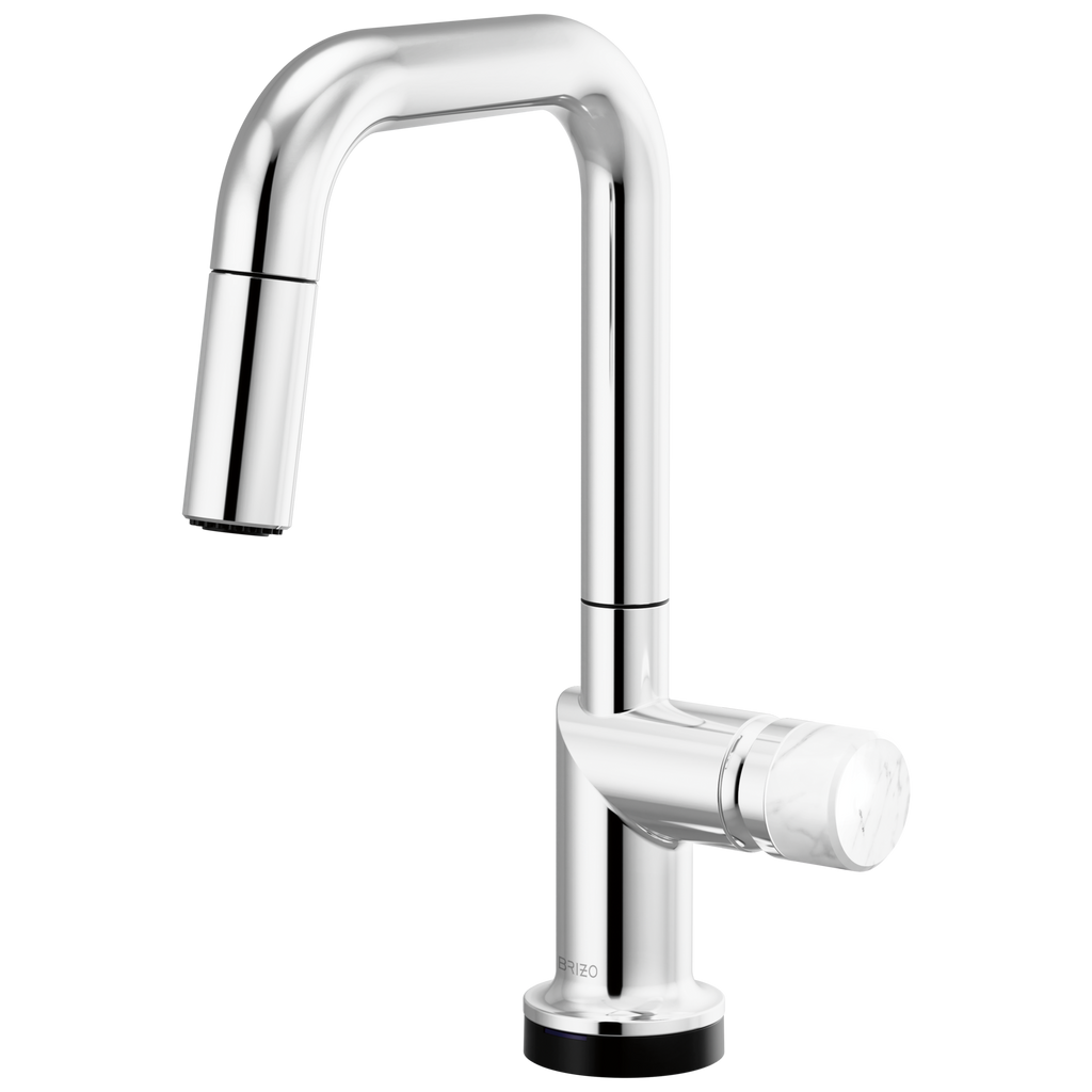 Brizo Odin Mezcladora Prep Extraíble SmartTouch® — Surtidor Cuadrado — Cromo — Perilla de Mármol Blanco