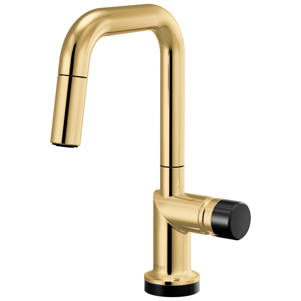 Brizo Odin Mezcladora Prep Extraíble SmartTouch® — Surtidor Cuadrado — Oro Pulido — Perilla con Cristal Negro