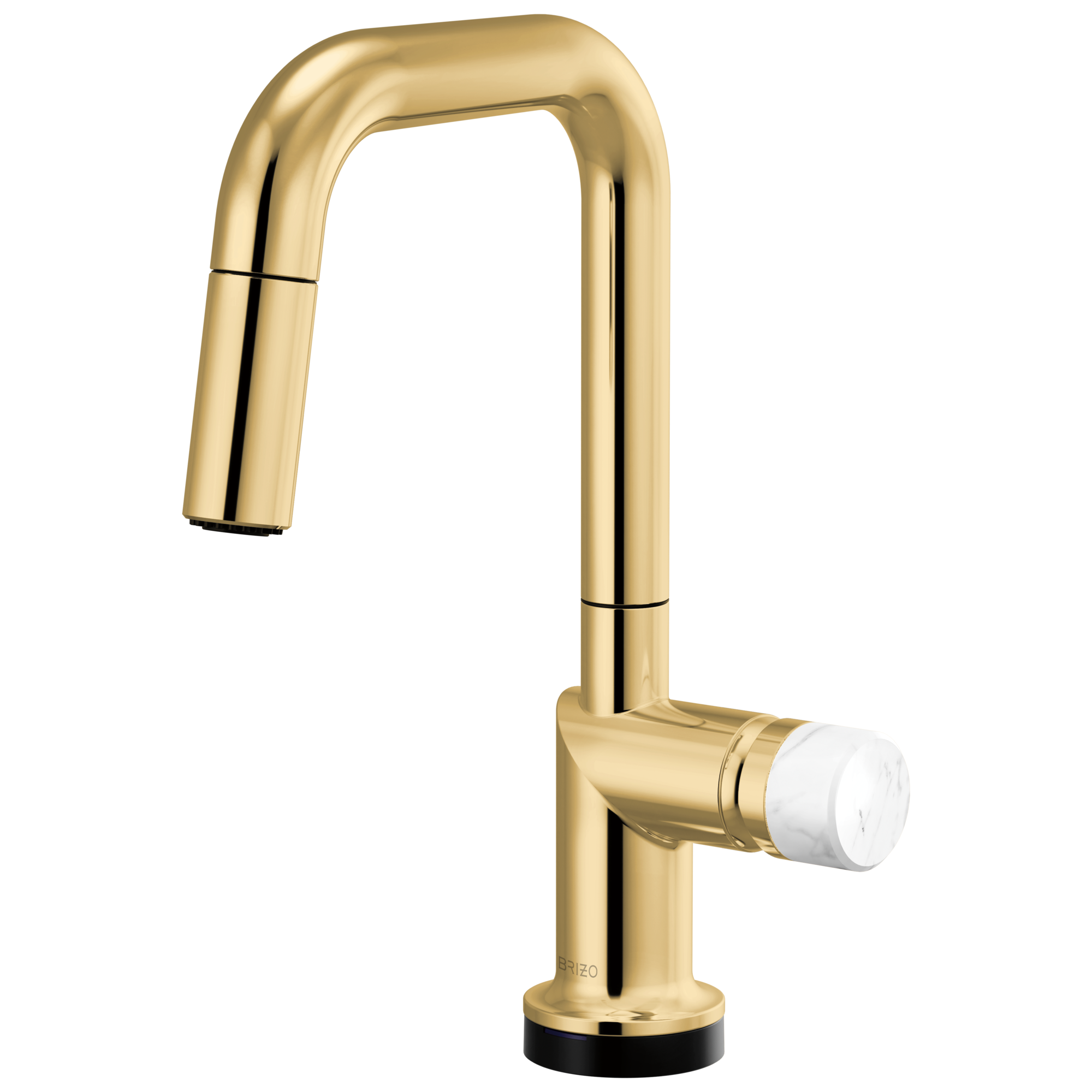 Brizo Odin Mezcladora Prep Extraíble SmartTouch® — Surtidor Cuadrado — Oro Pulido — Perilla de Mármol Blanco