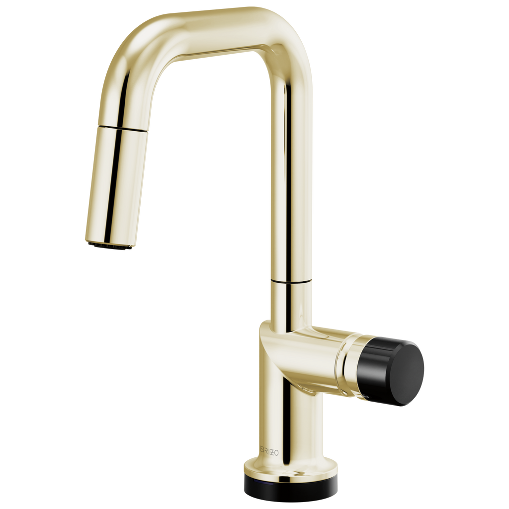 Brizo Odin Mezcladora Prep Extraíble SmartTouch® — Surtidor Cuadrado — Níquel Pulido — Perilla con Cristal Negro