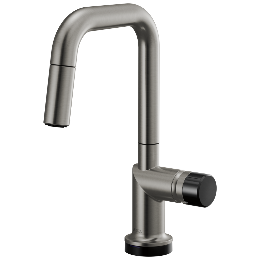 Brizo Odin Mezcladora Prep Extraíble SmartTouch® — Surtidor Cuadrado — Acero Luxe — Perilla con Cristal Negro