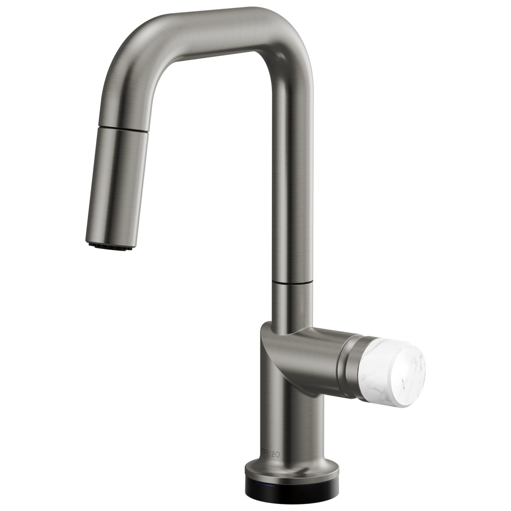 Brizo Odin Mezcladora Prep Extraíble SmartTouch® — Surtidor Cuadrado — Acero Luxe — Perilla de Mármol Blanco