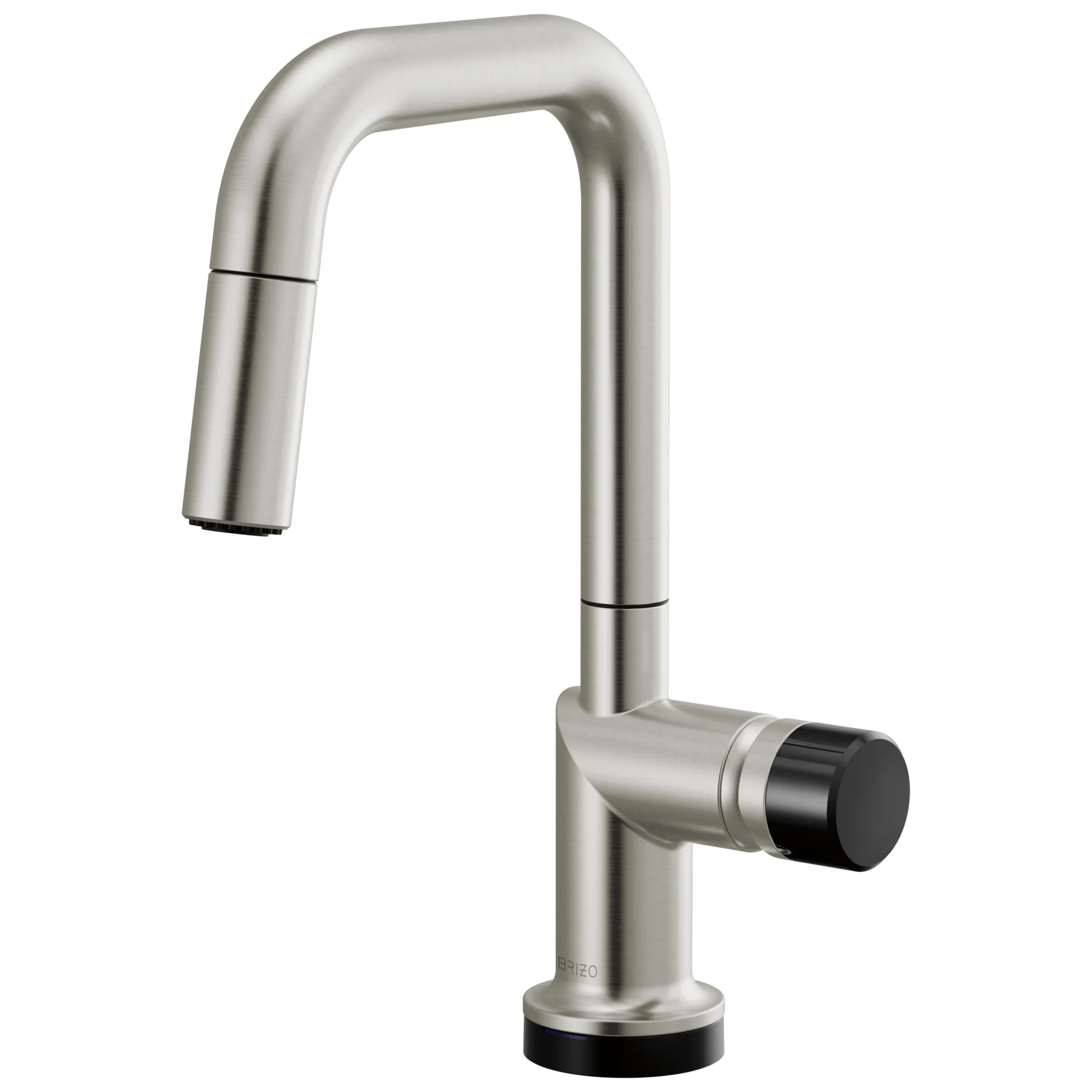 Brizo Odin Mezcladora Prep Extraíble SmartTouch® — Surtidor Cuadrado — Acero Inoxidable — Perilla con Cristal Negro