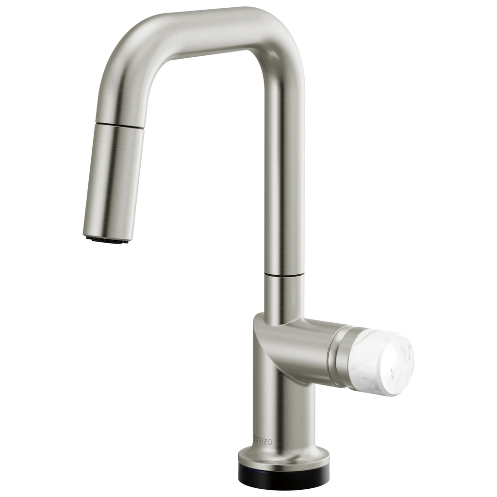 Brizo Odin Mezcladora Prep Extraíble SmartTouch® — Surtidor Cuadrado — Acero Inoxidable — Perilla de Mármol Blanco