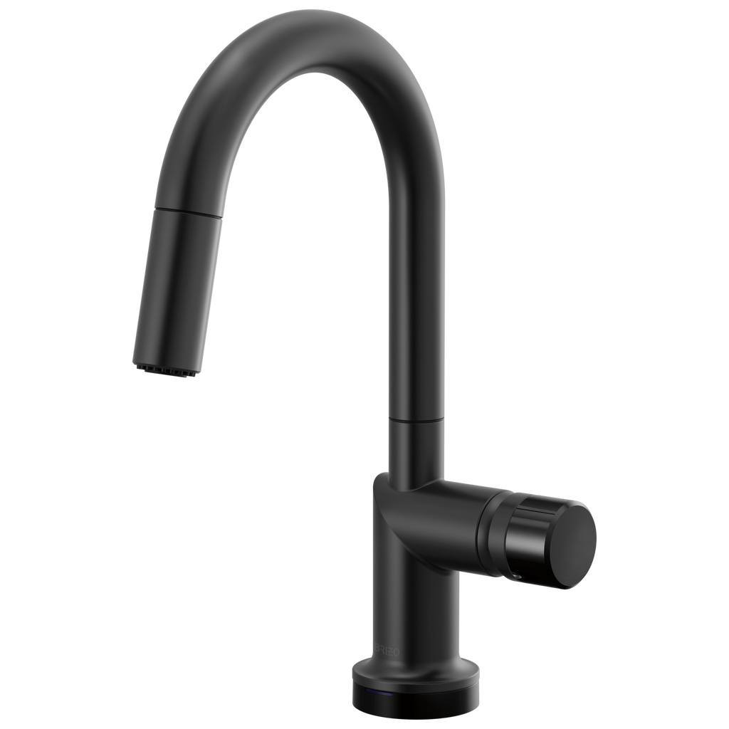 Brizo Odin Mezcladora Prep Extraíble SmartTouch® — Surtidor en Arco — Negro Mate — Perilla con Cristal Negro