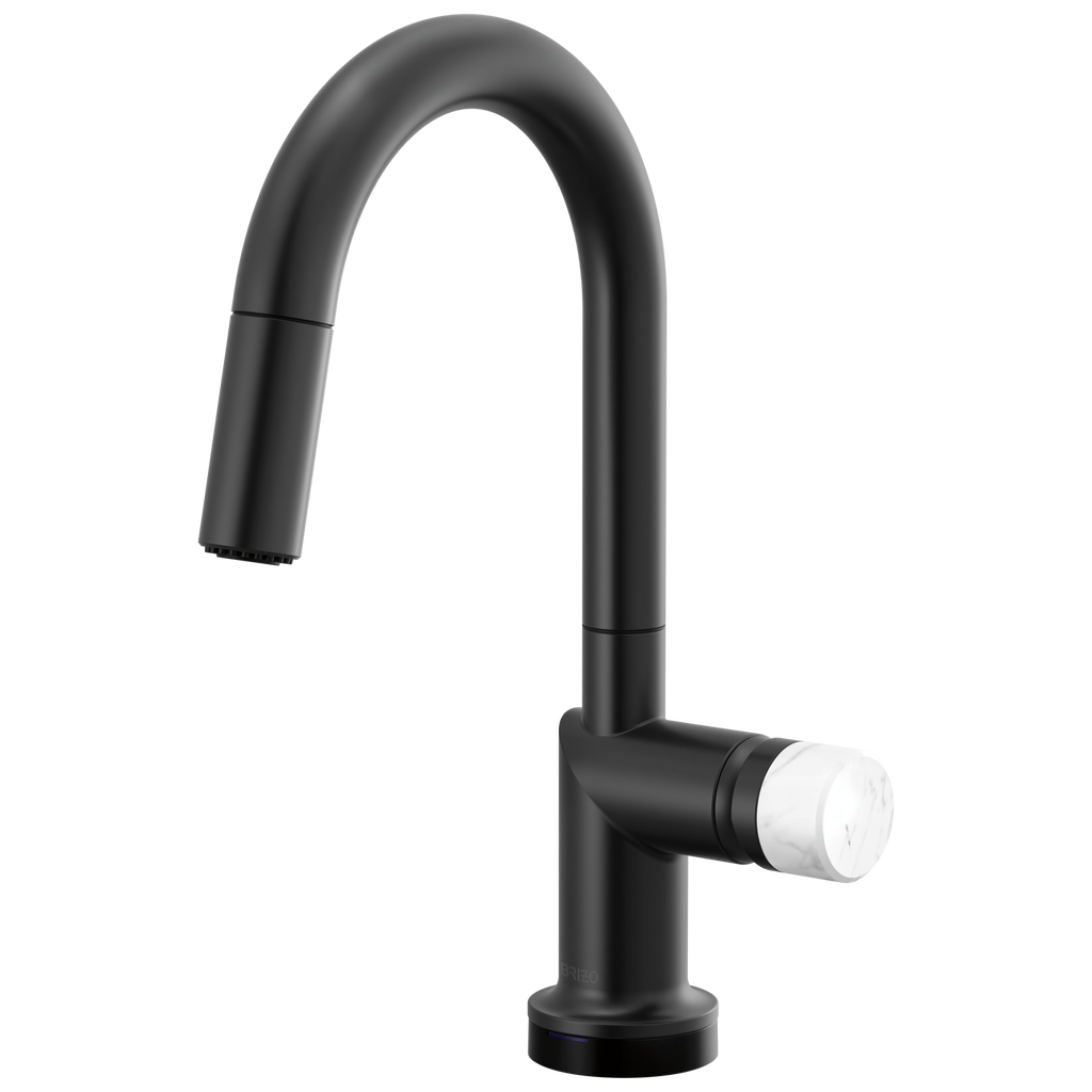 Brizo Odin Mezcladora Prep Extraíble SmartTouch® — Surtidor en Arco — Negro Mate — Perilla de Mármol Blanco