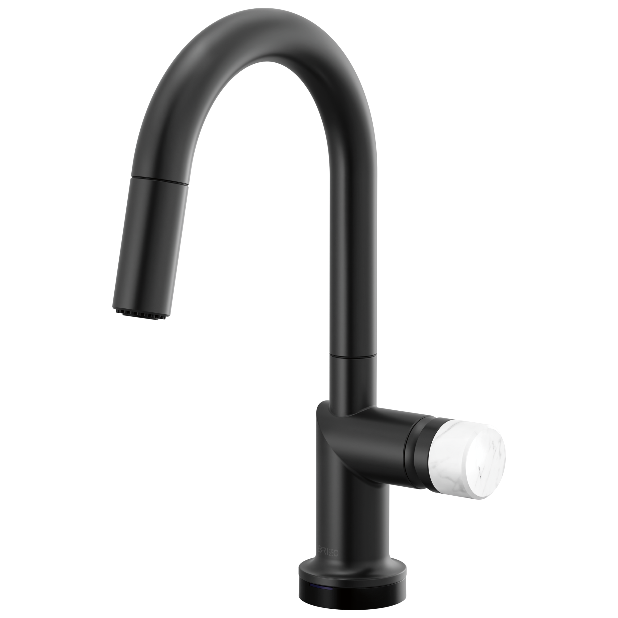 Brizo Odin Mezcladora Prep Extraíble SmartTouch® — Surtidor en Arco — Negro Mate — Perilla de Mármol Blanco