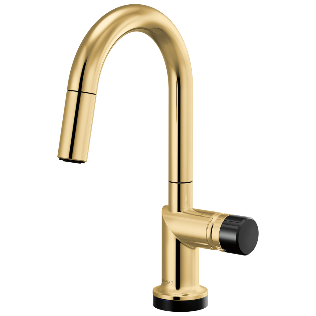 Brizo Odin Mezcladora Prep Extraíble SmartTouch® — Surtidor en Arco — Oro Pulido — Perilla con Cristal Negro