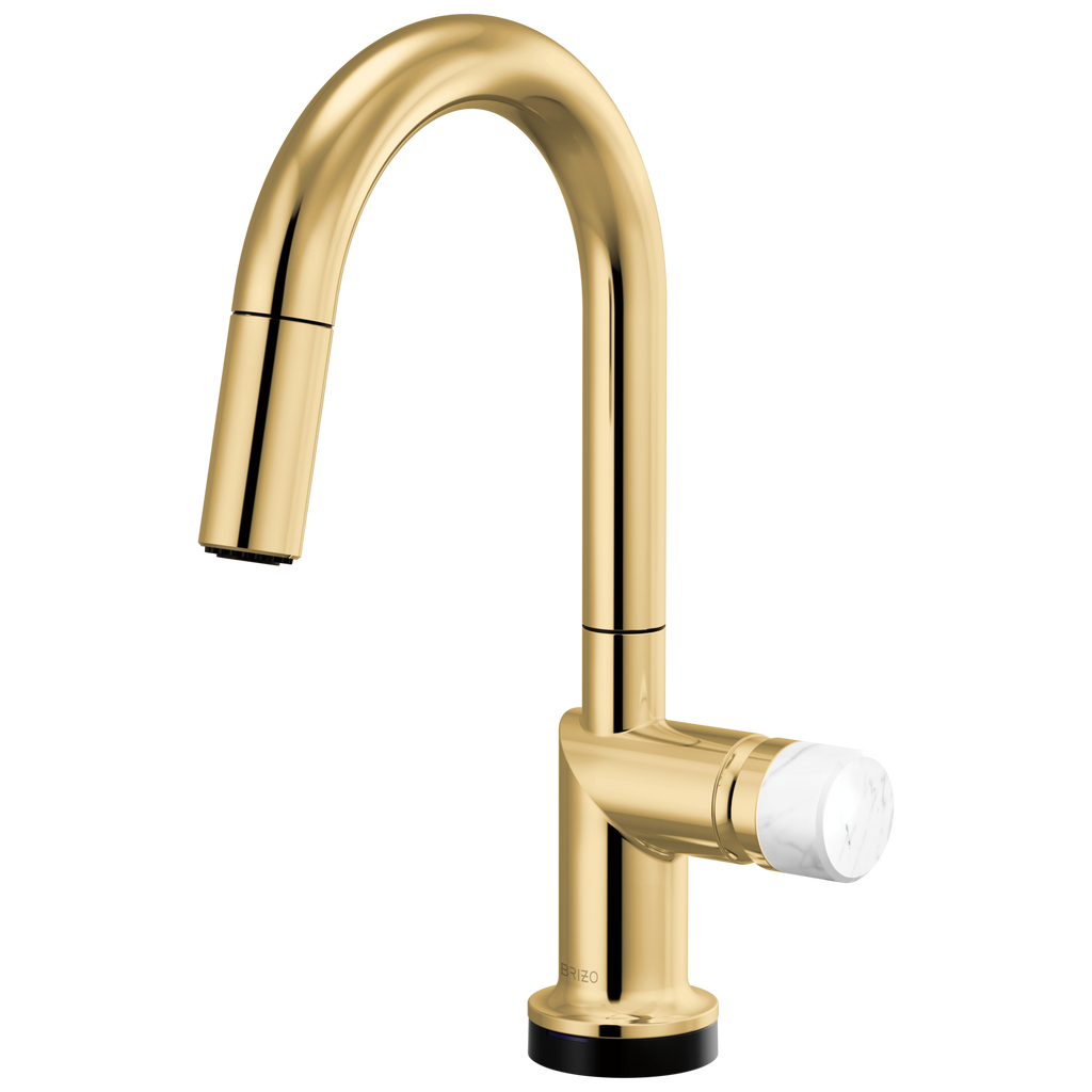 Brizo Odin Mezcladora Prep Extraíble SmartTouch® — Surtidor en Arco — Oro Pulido — Perilla de Mármol Blanco