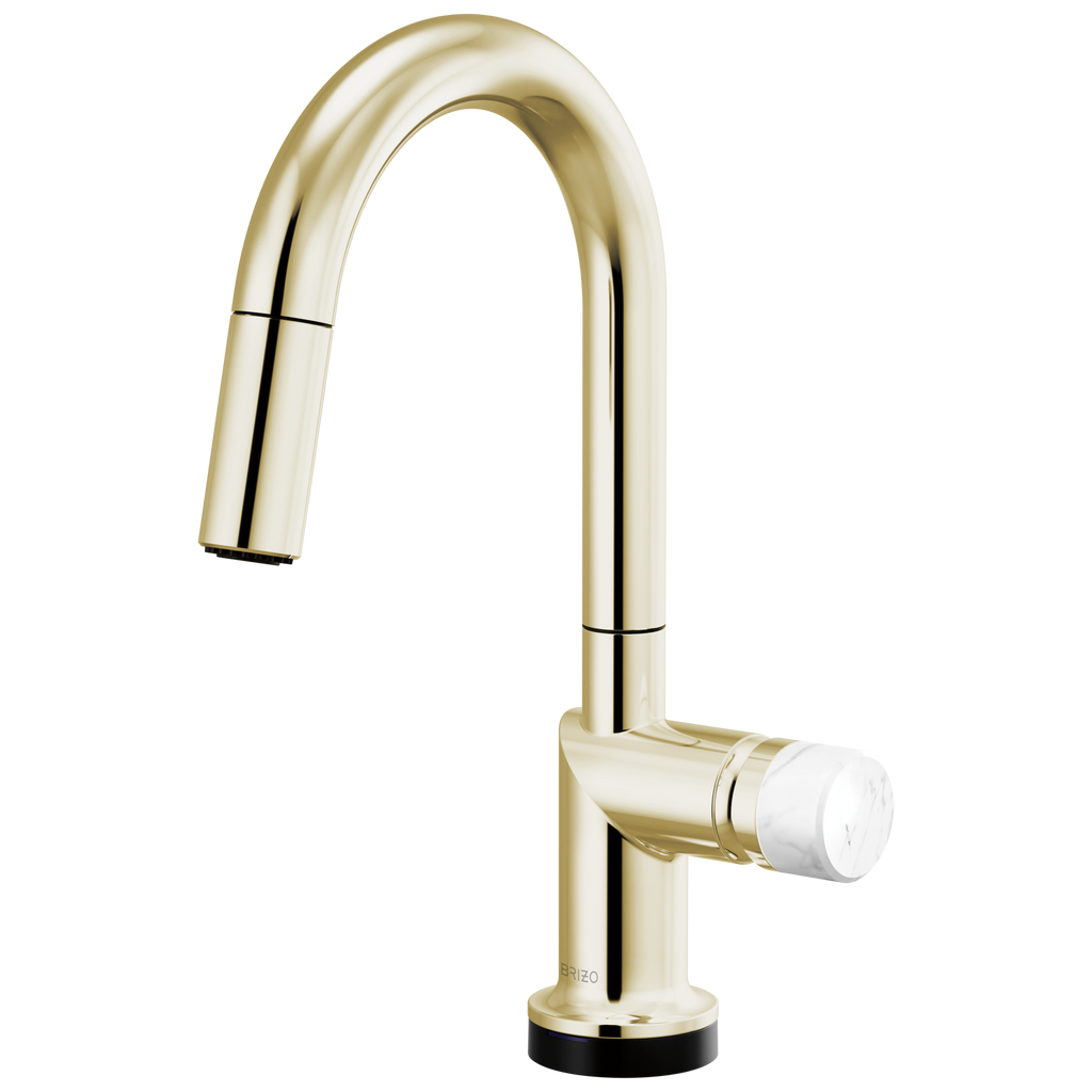 Brizo Odin Mezcladora Prep Extraíble SmartTouch® — Surtidor en Arco — Níquel Pulido — Perilla de Mármol Blanco