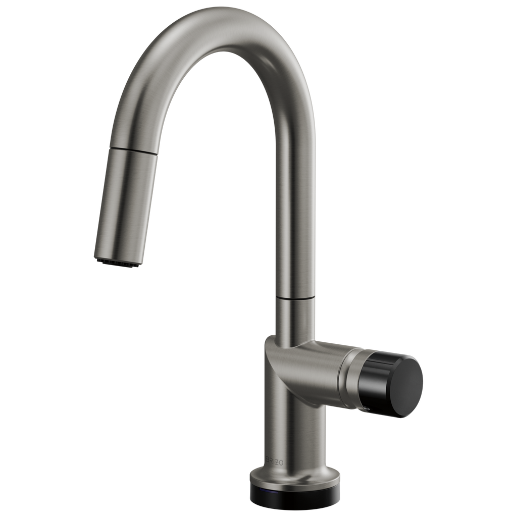Brizo Odin Mezcladora Prep Extraíble SmartTouch® — Surtidor en Arco — Acero Luxe — Perilla con Cristal Negro
