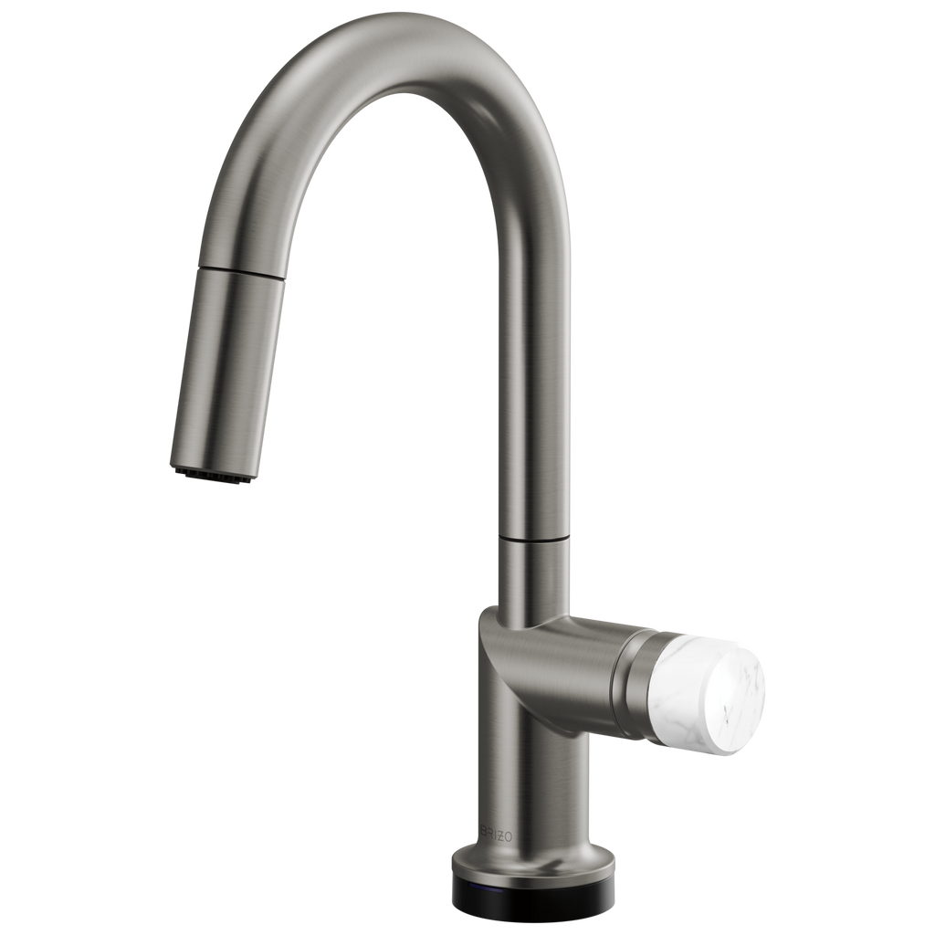 Brizo Odin Mezcladora Prep Extraíble SmartTouch® — Surtidor en Arco — Acero Luxe — Perilla de Mármol Blanco