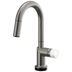 Brizo Odin Mezcladora Prep Extraíble SmartTouch® — Surtidor en Arco — Acero Luxe — Perilla de Mármol Blanco