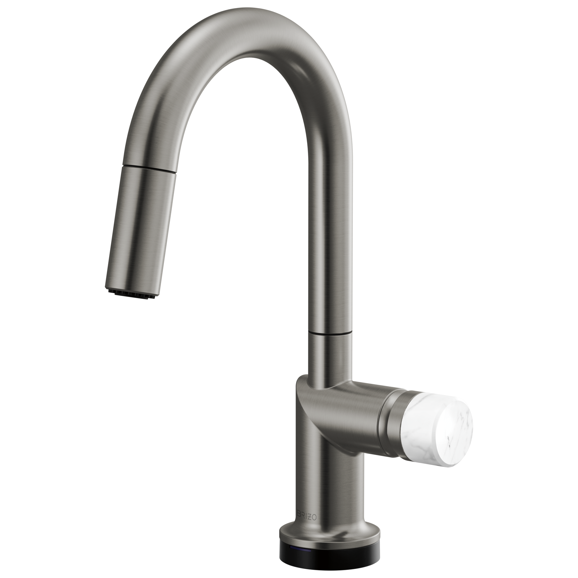 Brizo Odin Mezcladora Prep Extraíble SmartTouch® — Surtidor en Arco — Acero Luxe — Perilla de Mármol Blanco