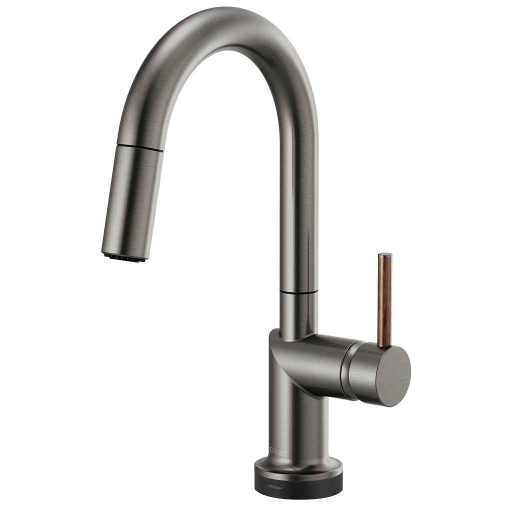 Brizo Odin Mezcladora Prep Extraíble SmartTouch® — Surtidor en Arco — Acero Luxe — Manija de Madera