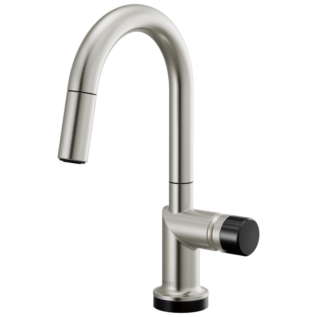 Brizo Odin Mezcladora Prep Extraíble SmartTouch® — Surtidor en Arco — Acero Inoxidable — Perilla con Cristal Negro