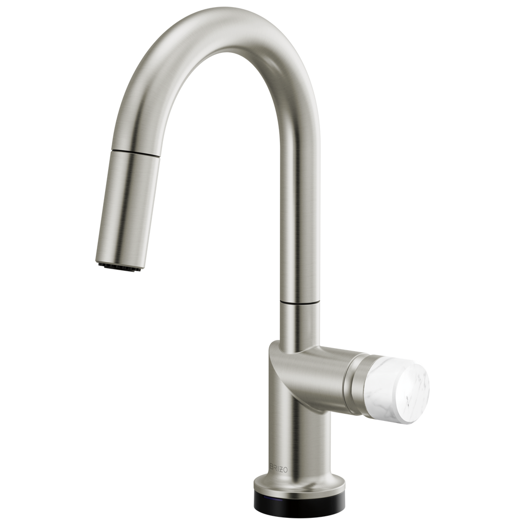 Brizo Odin Mezcladora Prep Extraíble SmartTouch® — Surtidor en Arco — Acero Inoxidable — Perilla de Mármol Blanco