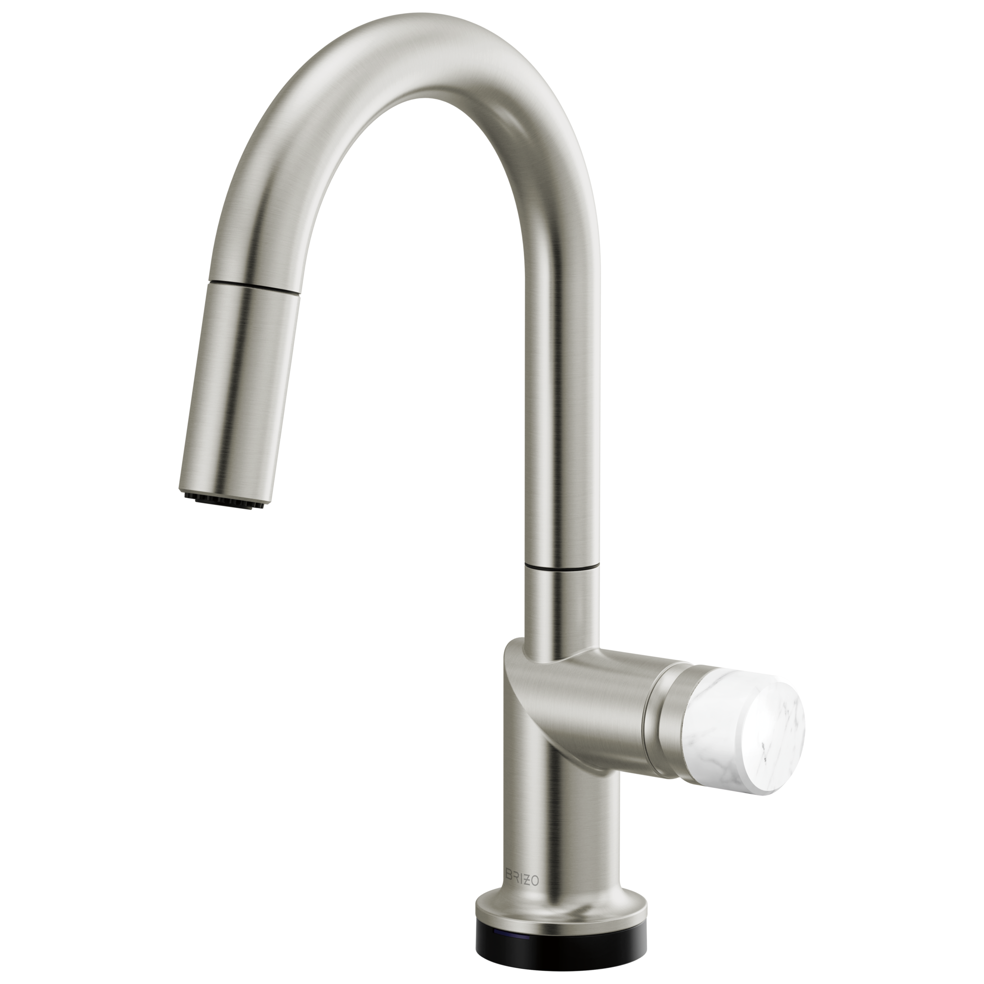 Brizo Odin Mezcladora Prep Extraíble SmartTouch® — Surtidor en Arco — Acero Inoxidable — Perilla de Mármol Blanco