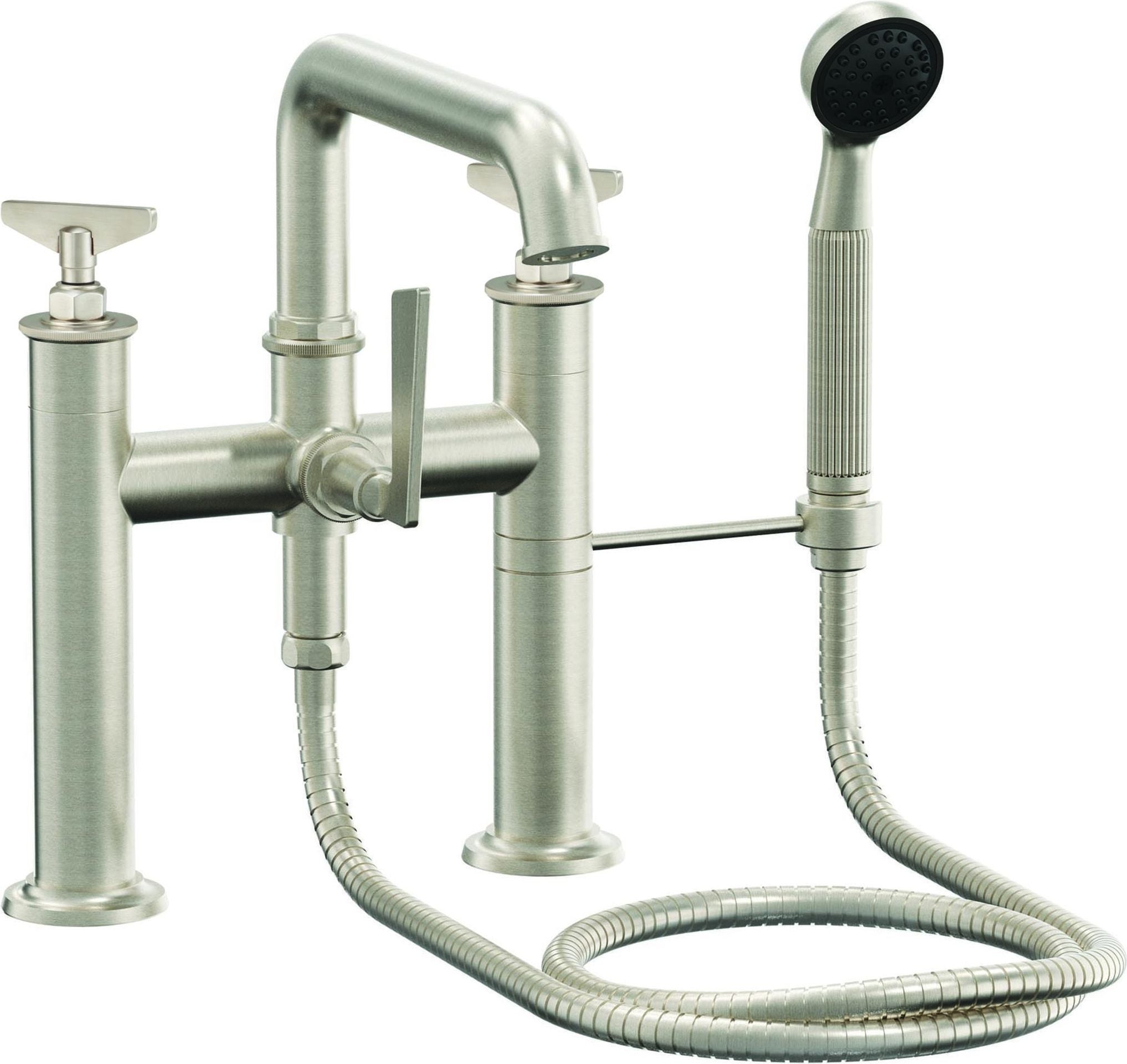 California Faucets Steampunk Bay Contemporaneo Llenador de Tina de Montaje en Cubierta - Manija de Cuchilla - Níquel Satinado
