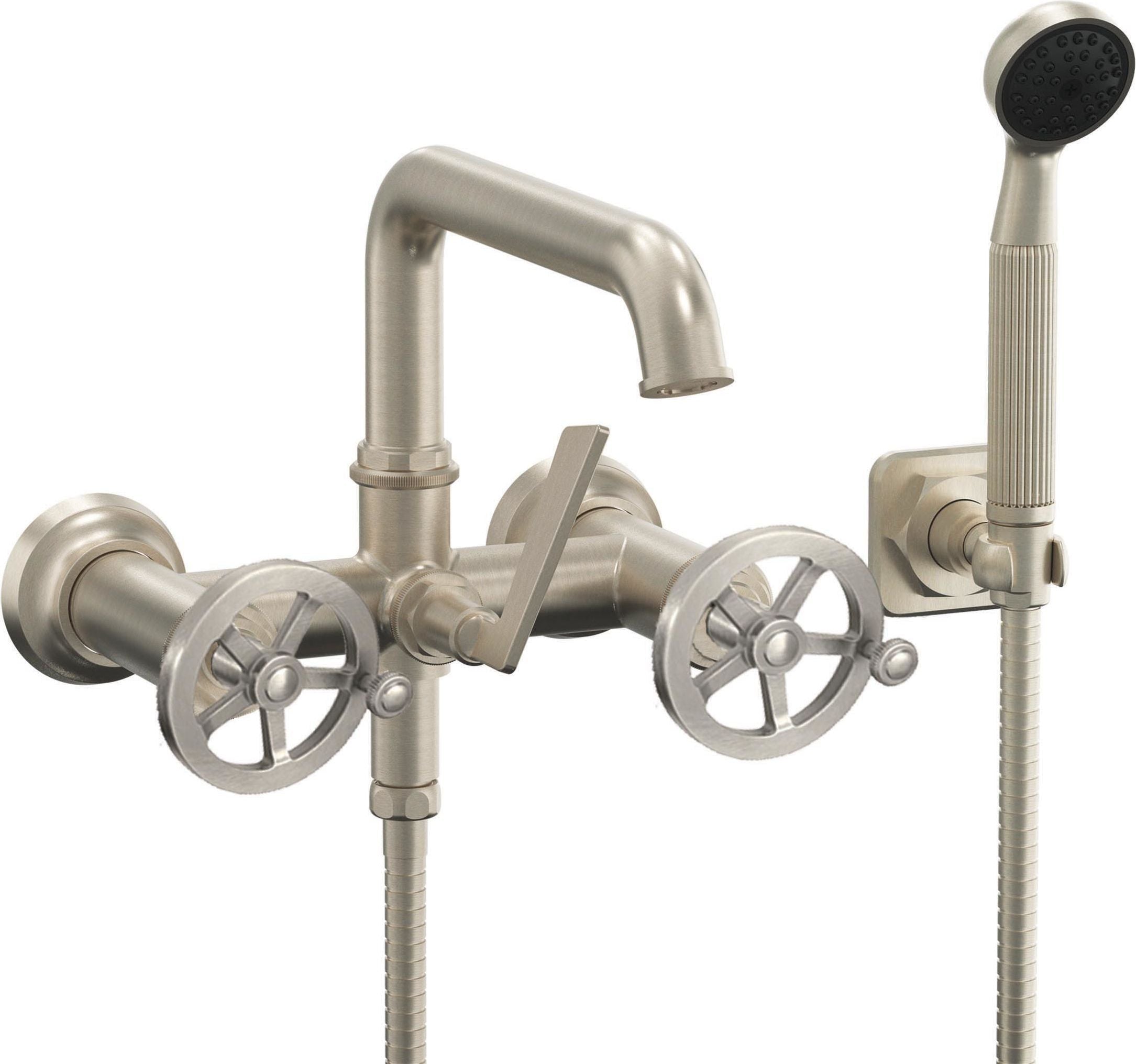 California Faucets Steampunk Bay Contemporaneo Llenador de Tina de Montaje en Pared - Manija de Rueda - Níquel Satinado