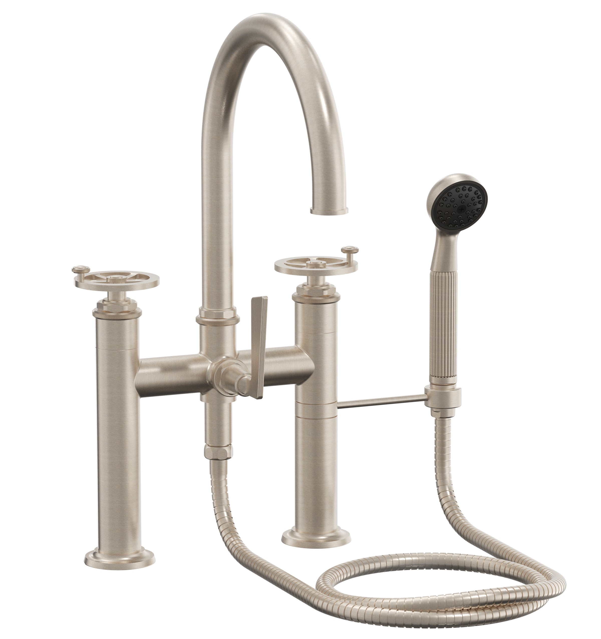 California Faucets Steampunk Bay Contemporaneo Llenador de Tina de Montaje en Cubierta - Manija de Rueda - Níquel Satinado