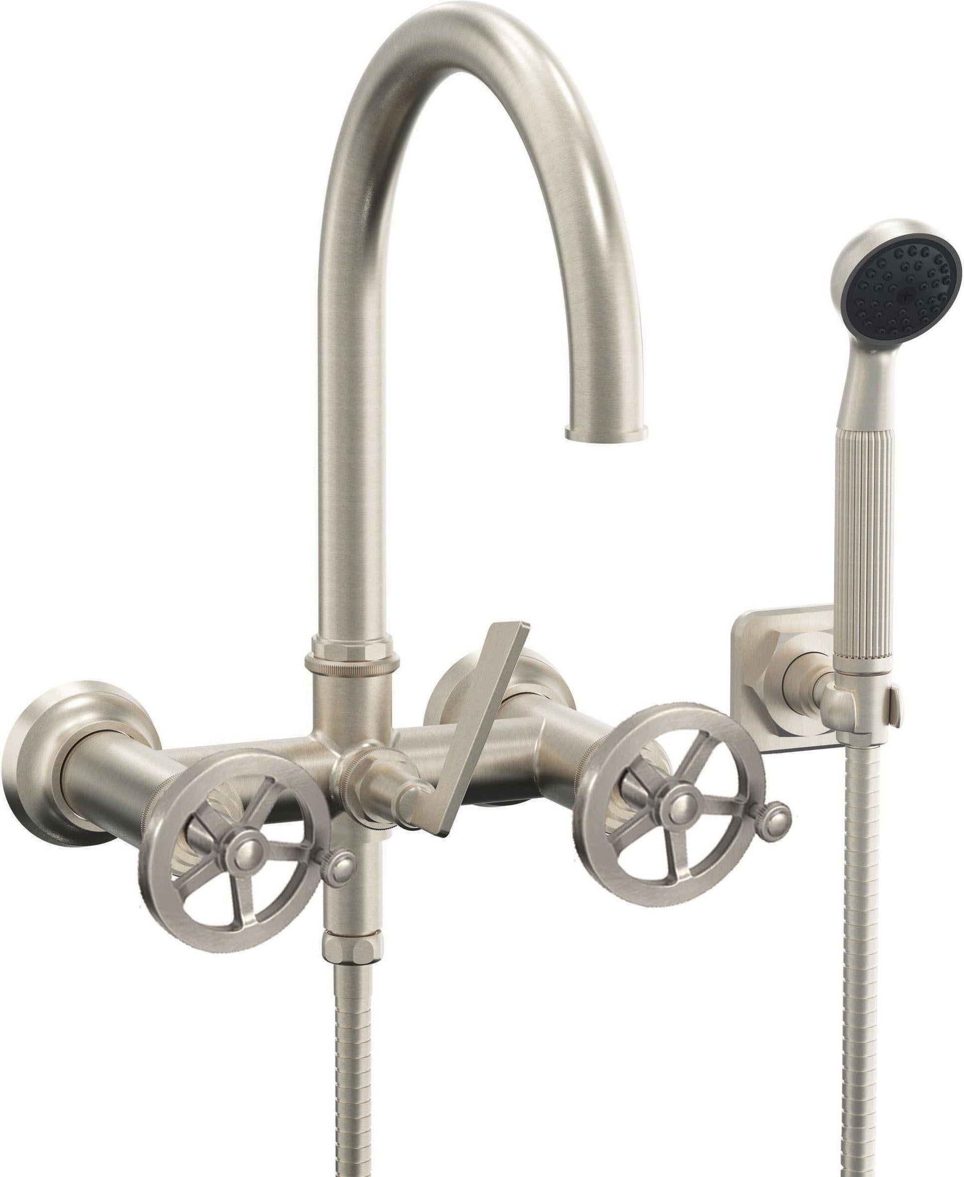 California Faucets Steampunk Bay Contemporaneo Llenador de Tina de Montaje en Pared - Manija de Rueda - Níquel Satinado