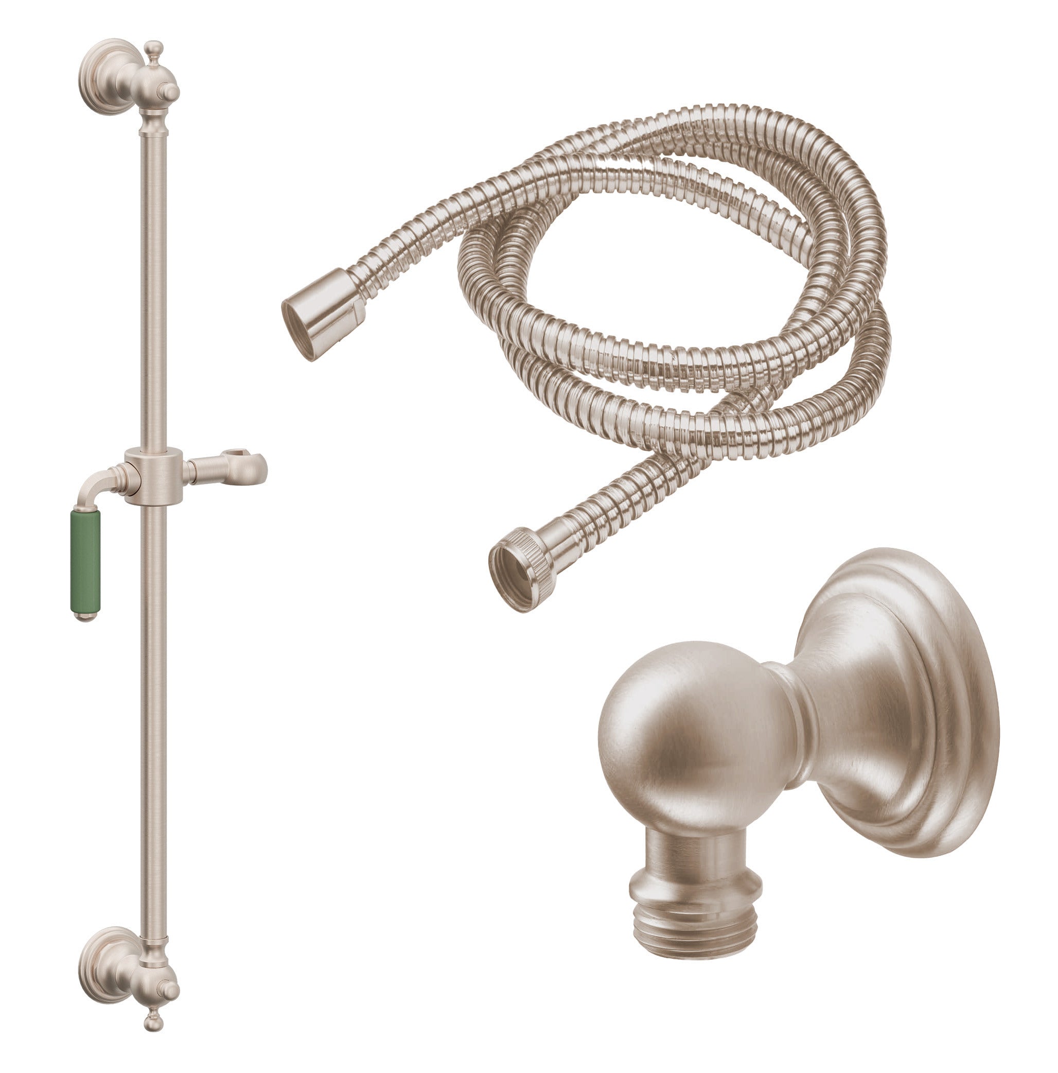 California Faucets Del Mar 30" Kit de Regadera de Mano con Barra de Apoyo - Manija de Palanca de Porcelana Verde con Base de Línea - Níquel Satinado