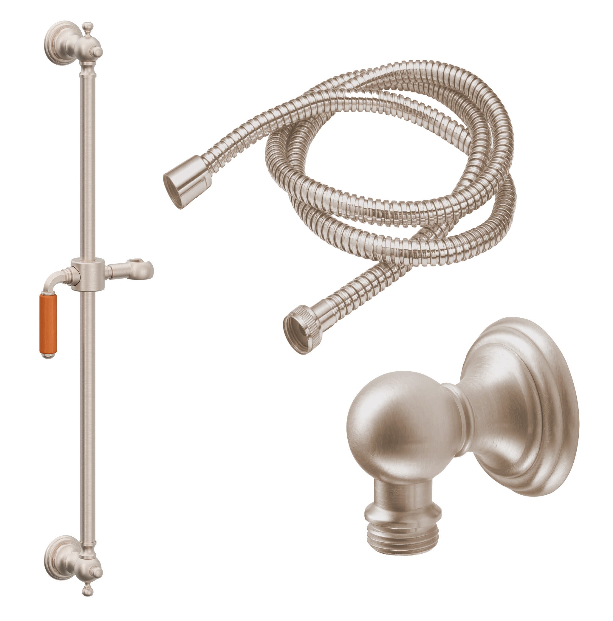 California Faucets Del Mar 30" Kit de Regadera de Mano con Barra de Apoyo - Manija de Palanca de Porcelana Naranja con Base de Línea - Níquel Satinado