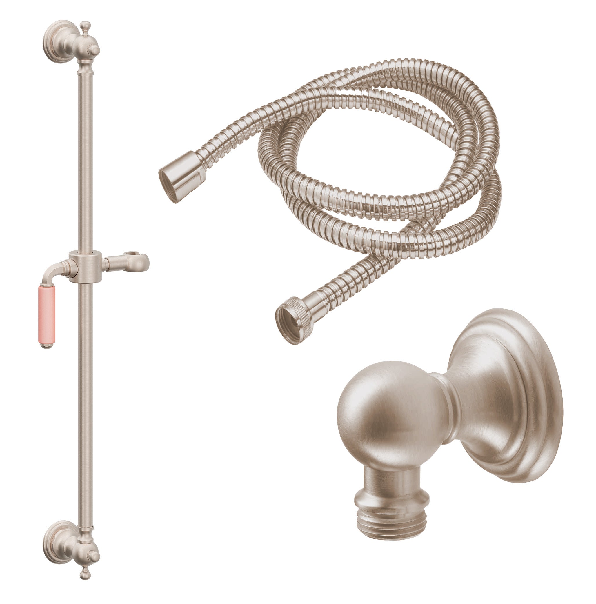 California Faucets Del Mar 30" Kit de Regadera de Mano con Barra de Apoyo - Manija de Palanca de Porcelana Rosa con Base de Línea - Níquel Satinado