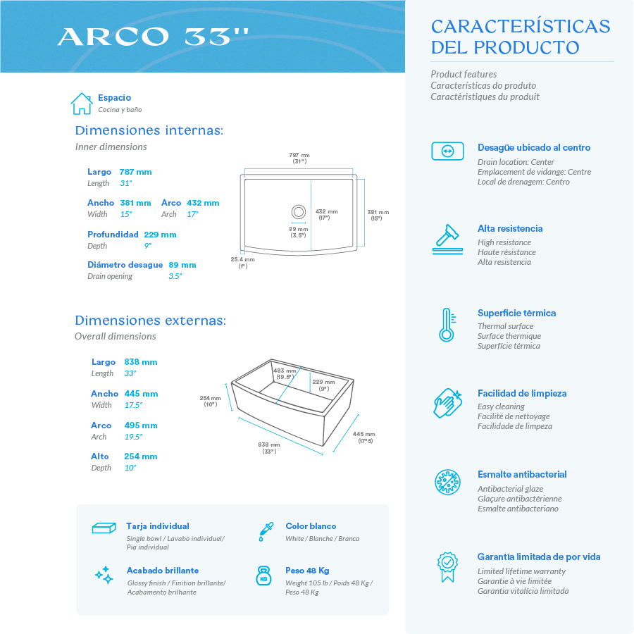 Bante Arco — Tarja de Cocina de Cerámica Refractaria (Fireclay), Frente Granjero Curvo — 33"