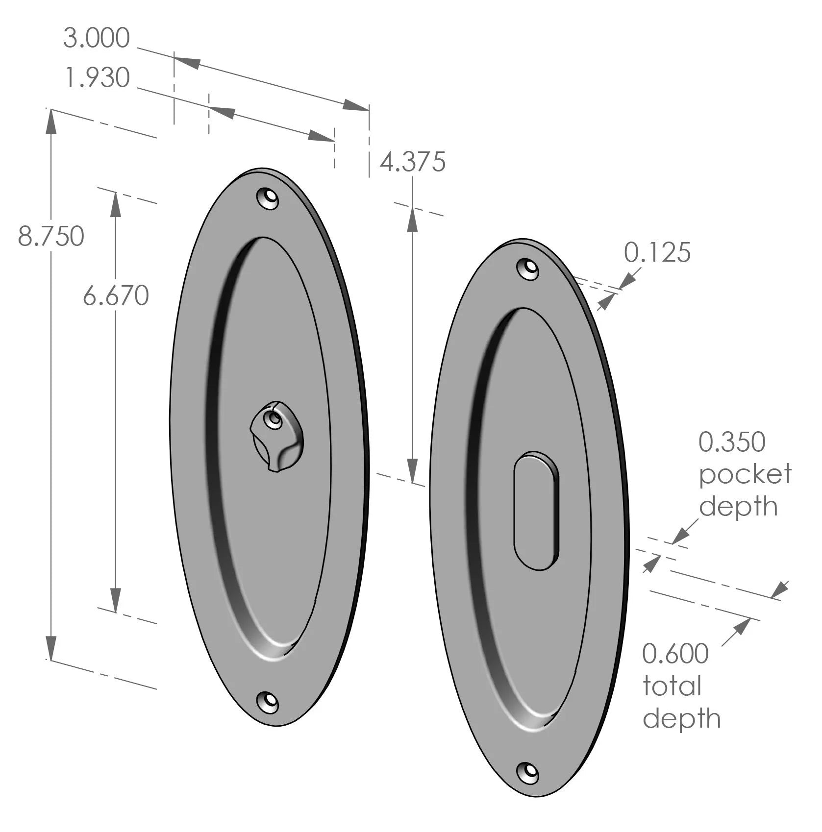 Oval Privacy Pocket Door Set (CS-FP-OP700IML-PR) — dibujo de especificaciones y dimensiones
