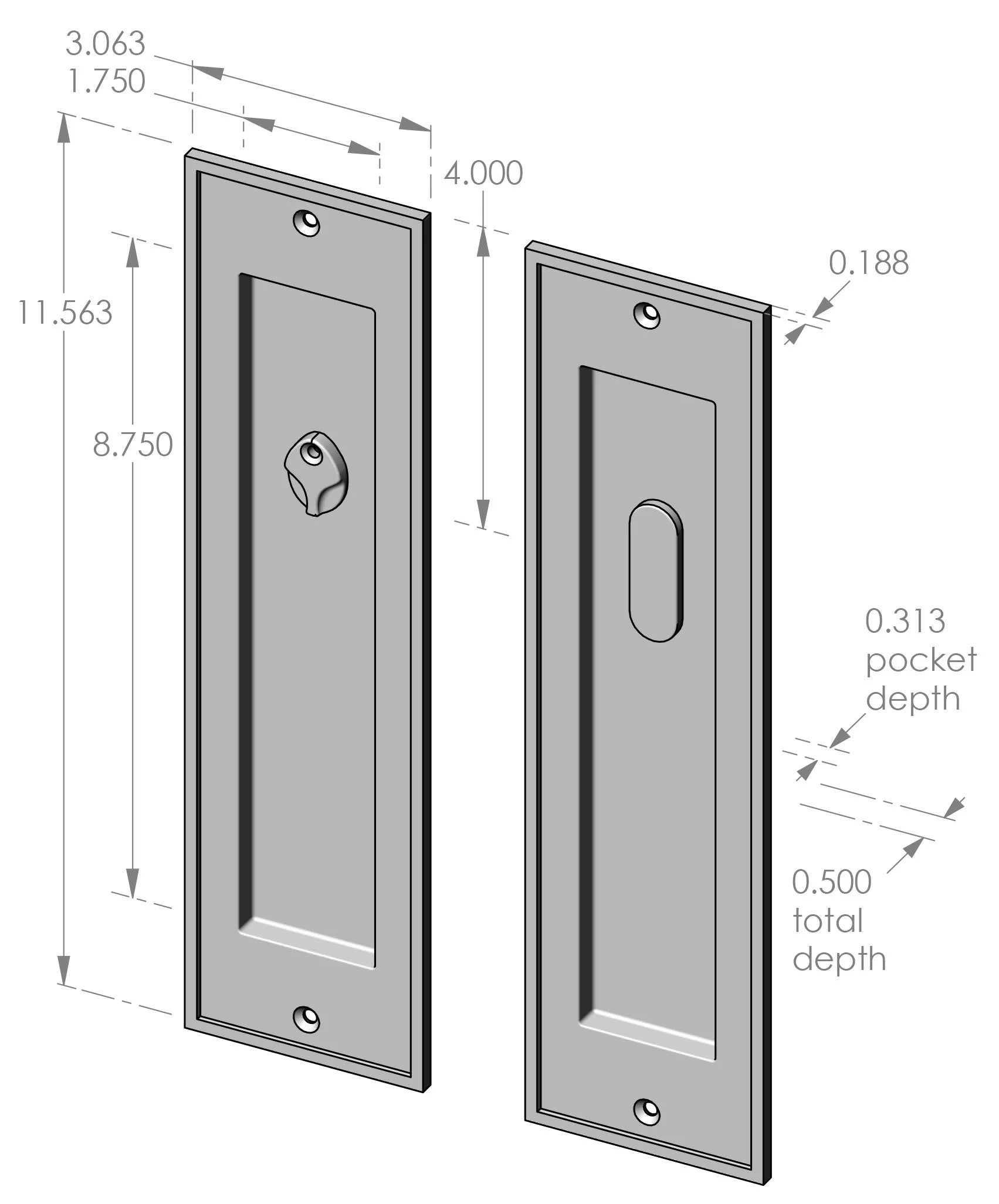 Bandbox Privacy Pocket Door Set (CS-FP1516IML-PR) — dibujo de especificaciones y dimensiones