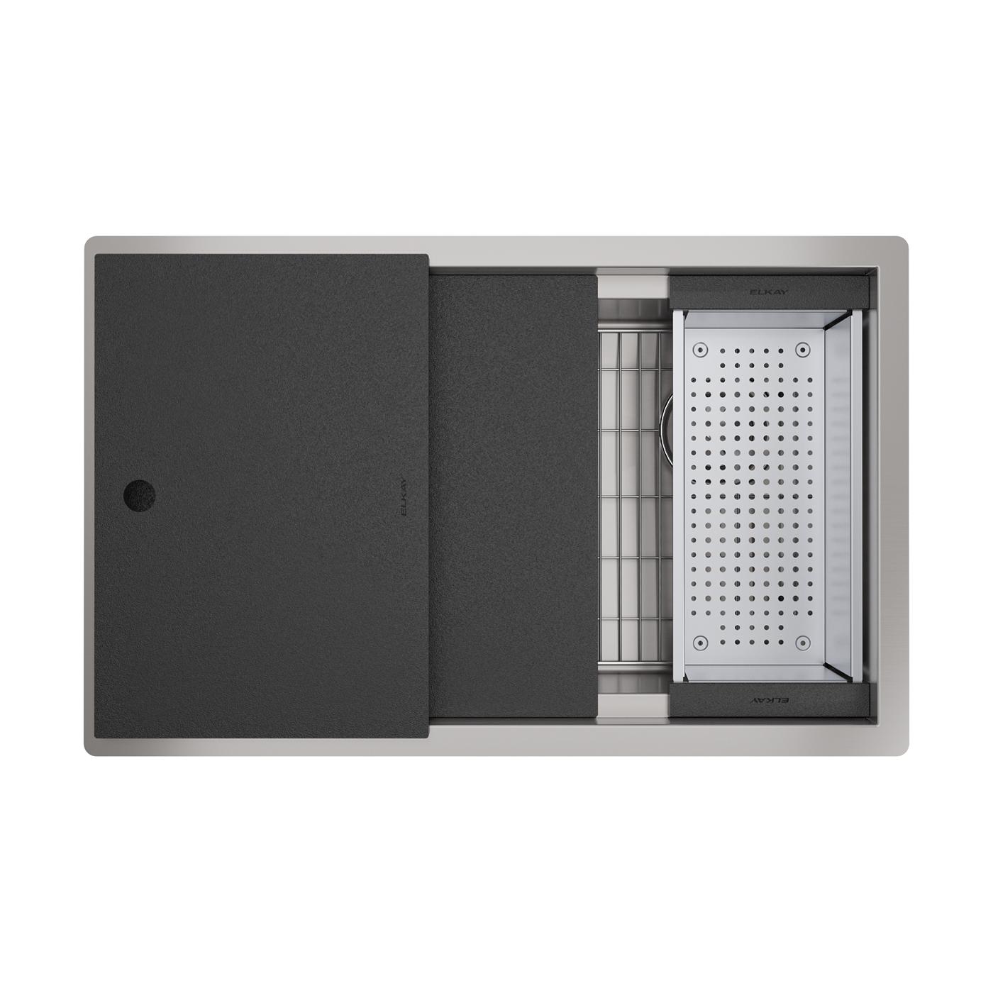 Elkay Tarja Circuit Chef® Workstation Acero Inoxidable 32-1/2" x 20-1/2" x 10" de Un Tazón Bajo Cubierta (Kit con Tablas de Polímero Negro) — vista de producto