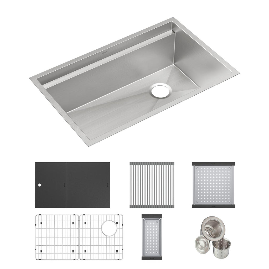 Elkay Tarja Circuit Chef® Workstation Acero Inoxidable 32-1/2" x 20-1/2" x 10" de Un Tazón Bajo Cubierta (Kit con Tablas de Polímero Negro) — ambiente de cocina