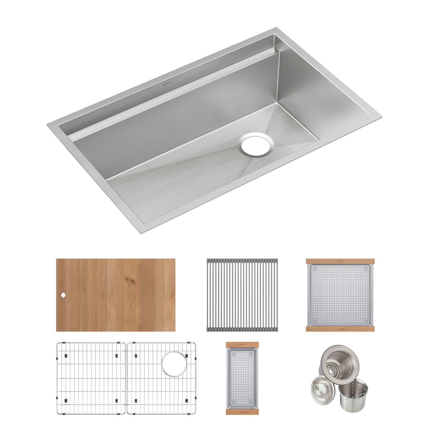 Elkay Tarja Circuit Chef® Workstation Acero Inoxidable 32-1/2" x 20-1/2" x 10" de Un Tazón Bajo Cubierta (Kit con Tablas de Madera de Cerezo) — ambiente de cocina