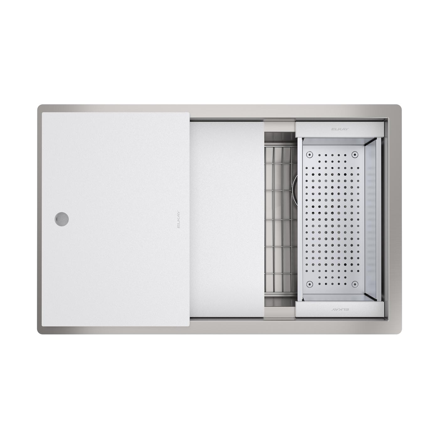 Elkay Tarja Circuit Chef® Workstation Acero Inoxidable 32-1/2" x 20-1/2" x 10" de Un Tazón Bajo Cubierta (Kit con Tablas de Polímero Blanco) — vista de producto