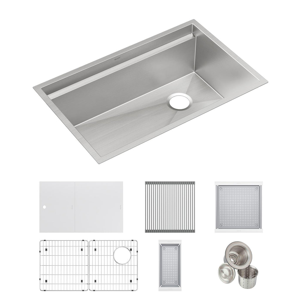 Elkay Tarja Circuit Chef® Workstation Acero Inoxidable 32-1/2" x 20-1/2" x 10" de Un Tazón Bajo Cubierta (Kit con Tablas de Polímero Blanco) — ambiente de cocina