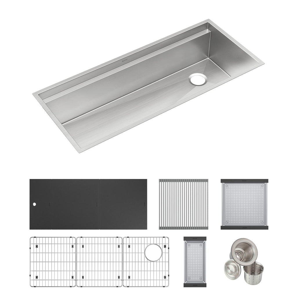 Elkay Tarja Circuit Chef® Workstation Acero Inoxidable 45-1/2" x 20-1/2" x 10" de Un Tazón Bajo Cubierta (Kit con Tablas de Polímero Negro) — ambiente de cocina