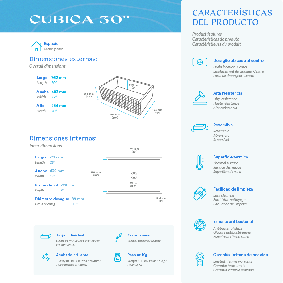 Bante Cúbica — Tarja de Cocina de Cerámica Refractaria (Fireclay), Frente Granjero Texturizado — 30"